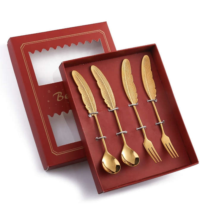 304 Stainless Steel Feather Spoon Fork Literary Tableware,Style: 4 In 1 Titanium-Red Box