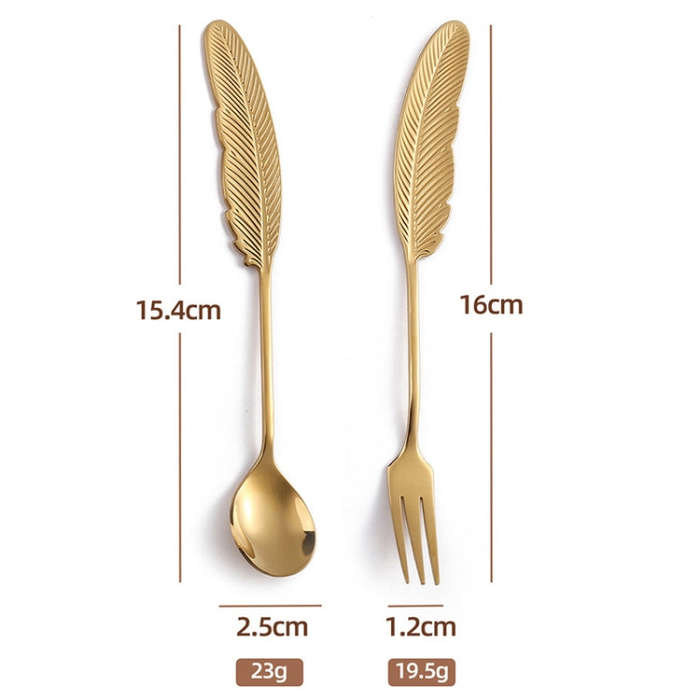 304 Stainless Steel Feather Spoon Fork Literary Tableware,Style: 4 In 1 Dazzle-Green Box
