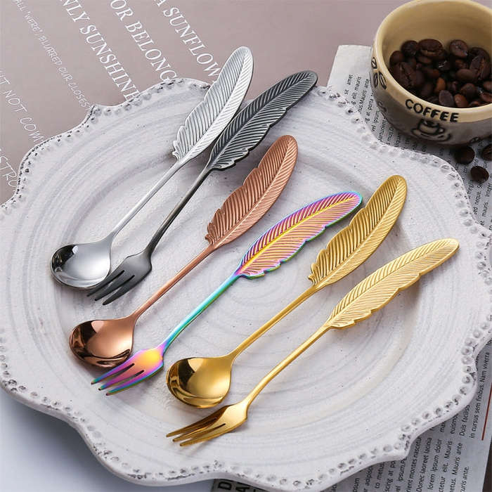 304 Stainless Steel Feather Spoon Fork Literary Tableware,Style: 4 In 1 Dazzle-Green Box