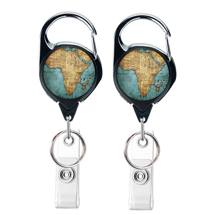 2pcs  65cm Retractable Pull Badge Reel Vintage Compass Map Name Tag Card Badge Holder(Map)