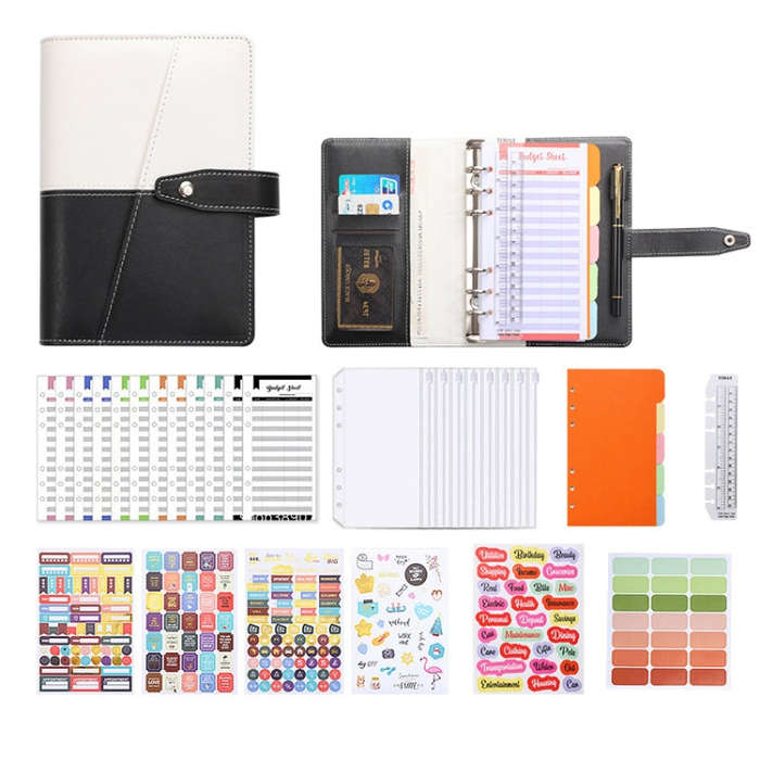 A6 YMX-012 PU Leather Budget Binder Notebook Macaron Color Matching Handbook(White+Black)