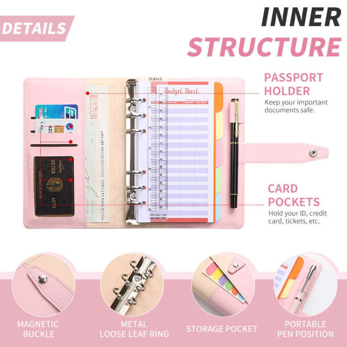 A6 YMX-012 PU Leather Budget Binder Notebook Macaron Color Matching Handbook(White+Black)