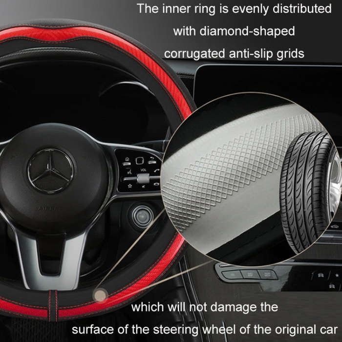 Car Steering Wheel Carbon Fiber Breathable Wear-resistant Leather Case, Size: 38cm(Red D Shape)