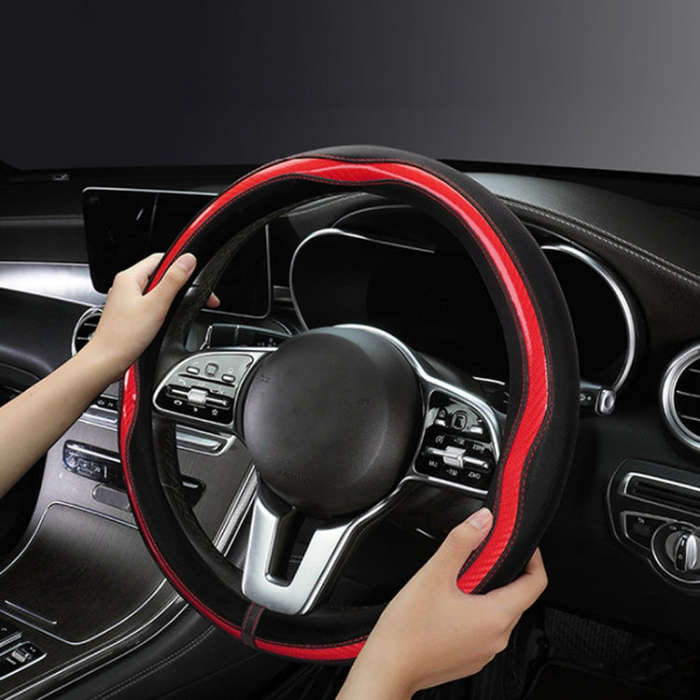 Car Steering Wheel Carbon Fiber Breathable Wear-resistant Leather Case, Size: 38cm(Red D Shape)