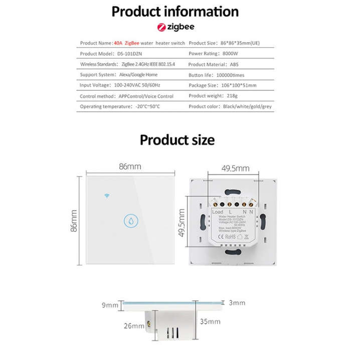 Tuya ZigBee 40A Smart High Power Water Heater Light Air Conditioner Switch Time Voice Remote Cont...