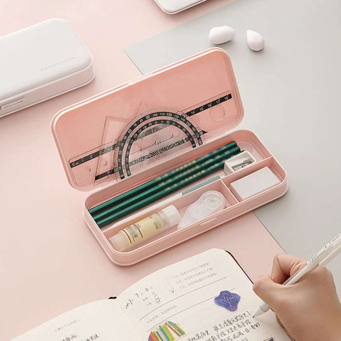 WJ-WJH-2 Plastic Compartment Large-capacity Shatter-resistant Flip-top Stationery Box(Pink)