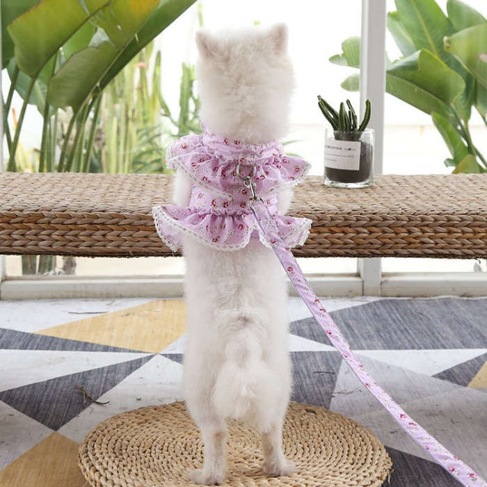 Pet Lace Vest Clothes Harness Leash, Size: L(Green Floral)