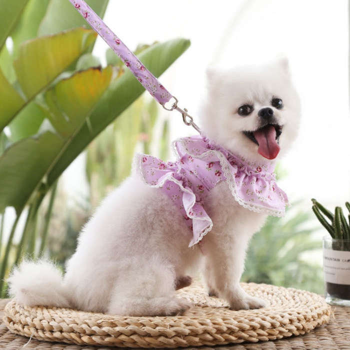 Pet Lace Vest Clothes Harness Leash, Size: L(Purple Floral)