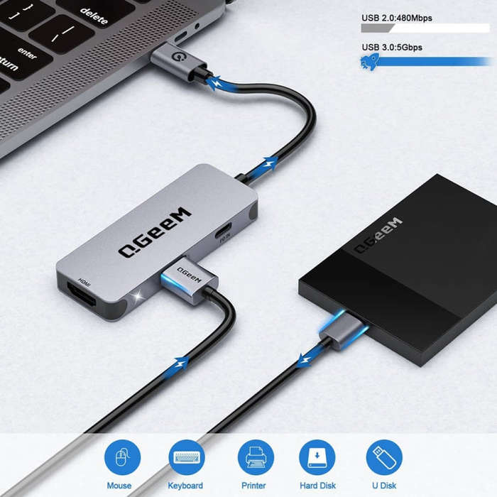 QGeeM UH03-1 USB3.0 Multifunctional Docking Station Type-C PD100W HUB(3 in 1)