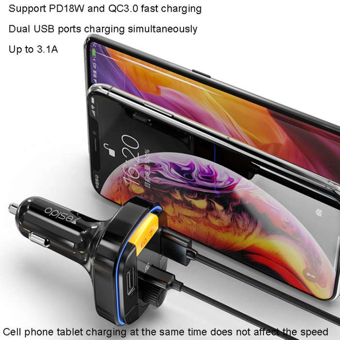Yesido Y45 Car PD Charger Cigarette Lighter QC Car Charging USB Bluetooth Digital Display FM(Black)