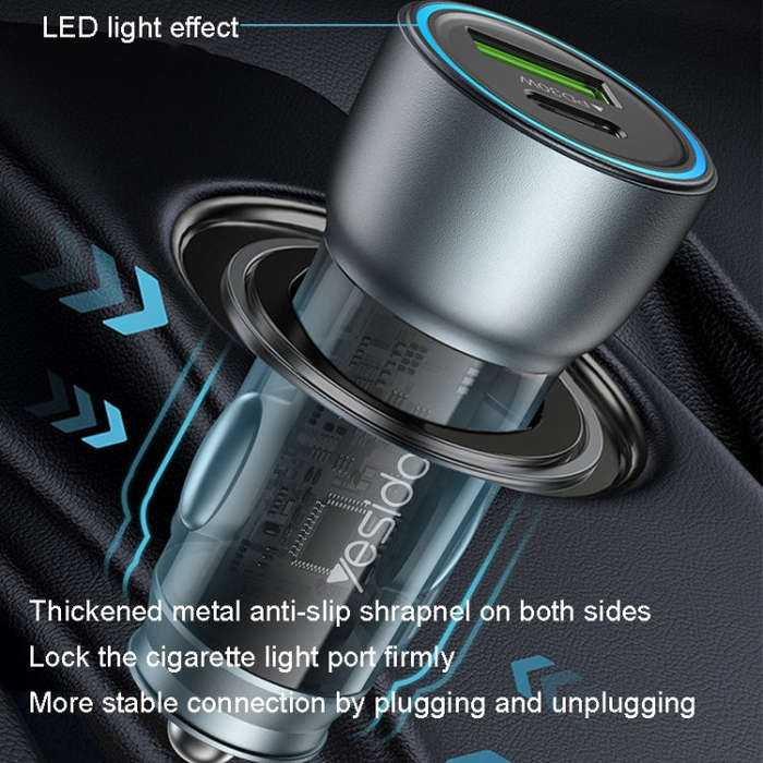 Yesido Y49 Car USB3.0 Fast Charger 30W Translucent PD Fast Charging(Black)