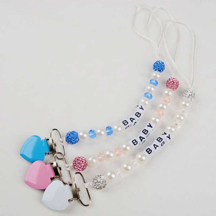Infant Baby Pacifier Clip Chain Clay Crystal Anti-drop Heart Nipple Clip(Blue)