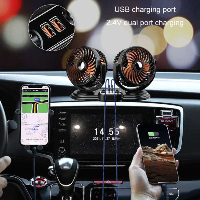 F621 Car Rotatable Turntable Silent Car Double Head Fan, Model: USB
