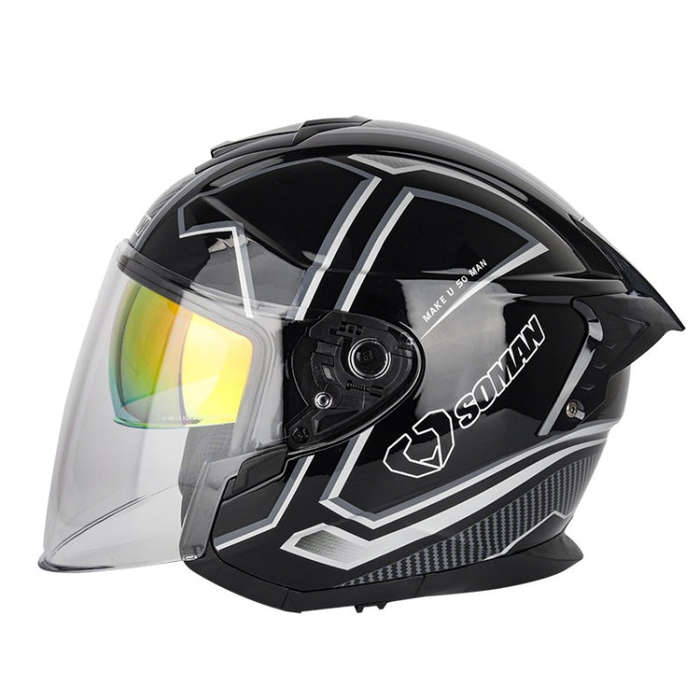 SOMAN Motorcycle Electric Bicycle Dual Lens Riding Helmet, Size: M(Black Silver)