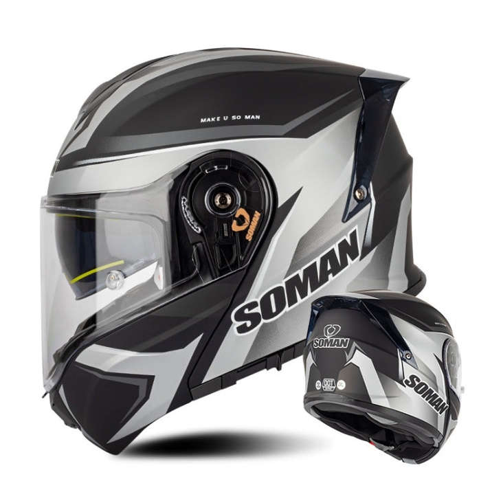SOMAN Racing Motorcycle Double Lens Riding Safety Helmet, Size: XXL(Silver Gray Black Vision)