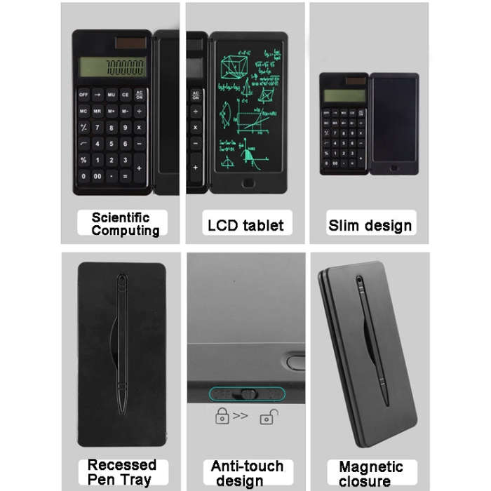 Solar Calculator Handwriting Board Learning Office Portable Folding LCD Writing Board(Black)