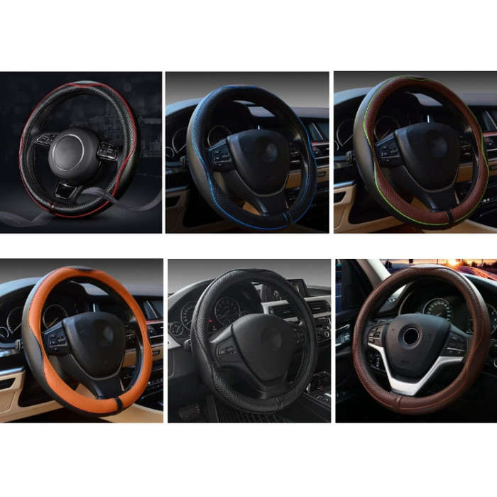 38cm Car Embossed Leather Steering Wheel Cover, Color: Black Blue