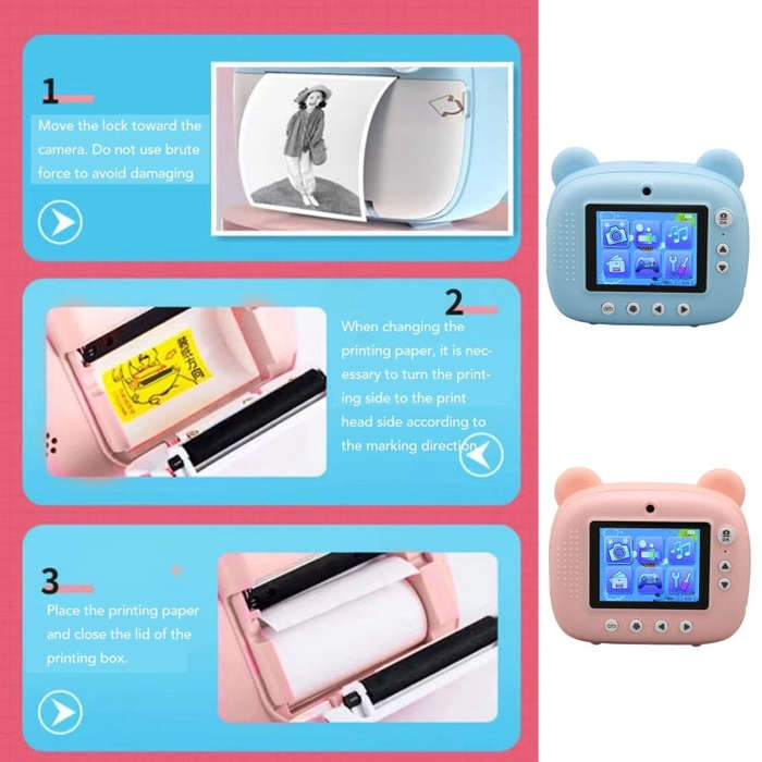 Children Instant Print Camera 1080P 2.4-Inch IPS Screen Dual Lens Photography Camera(Pink)