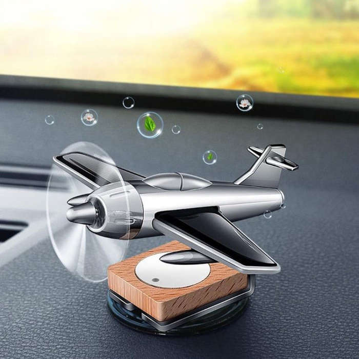Solar Car Airplane Ornament Solid Aroma Diffuser Car Rotating Decoration Items(Silver)