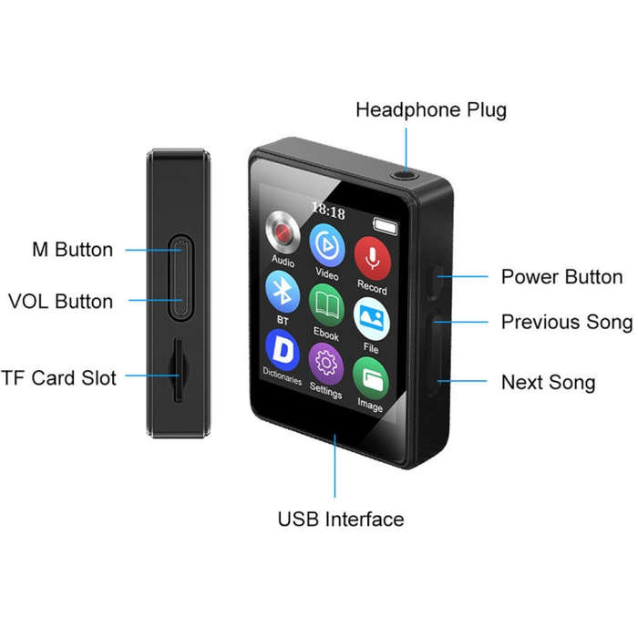MP3 Music Player Bluetooth 5.0 Ebook Recorder MP4 Walkman 32GB(Black)