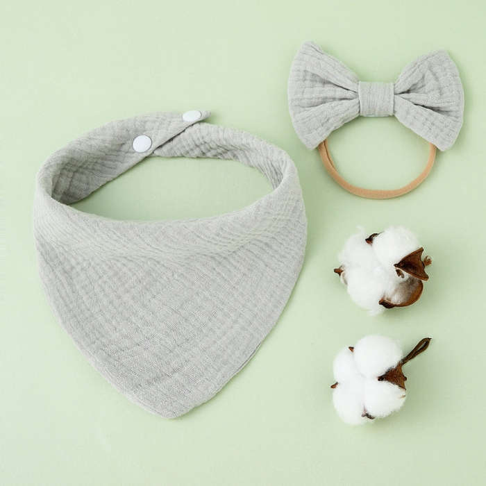 Baby Cotton Gauze Drool Towel + Bow Hairband Set Baby Bibs(Gray)