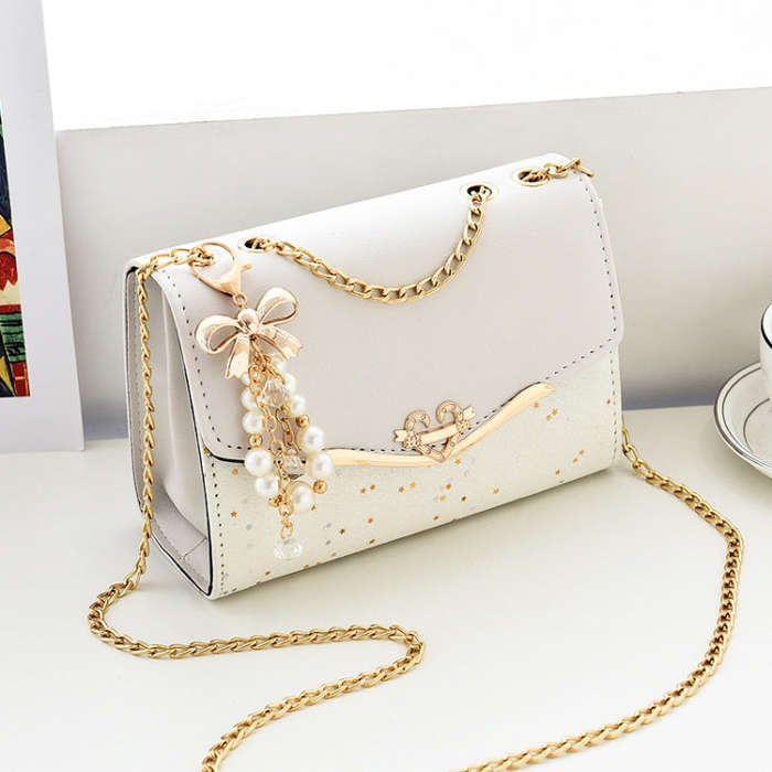 Messenger Sequins Shoulder Bag Women Mobile Phone Coin Purse, Color: White With Pendant