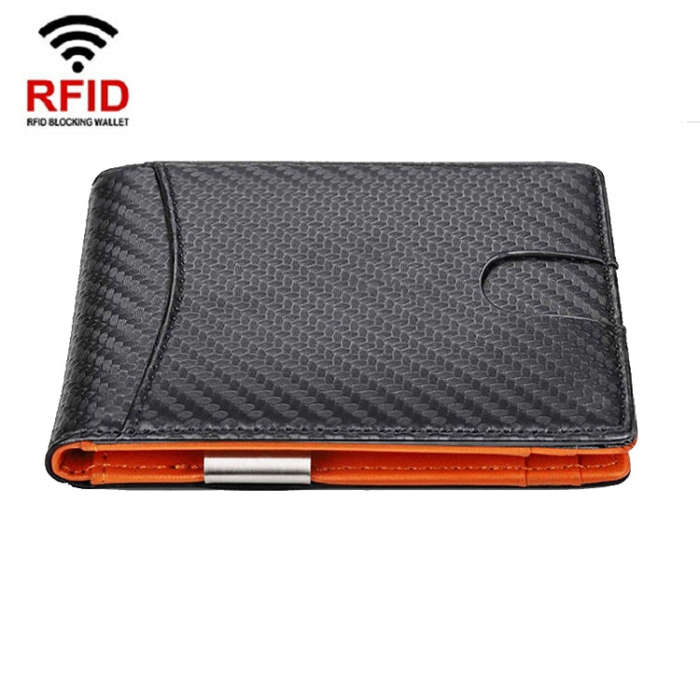 RFID Anti-Theft Brush Men Vintage Leather Wallet Card Case(Carbon Fiber+Orange Inside)