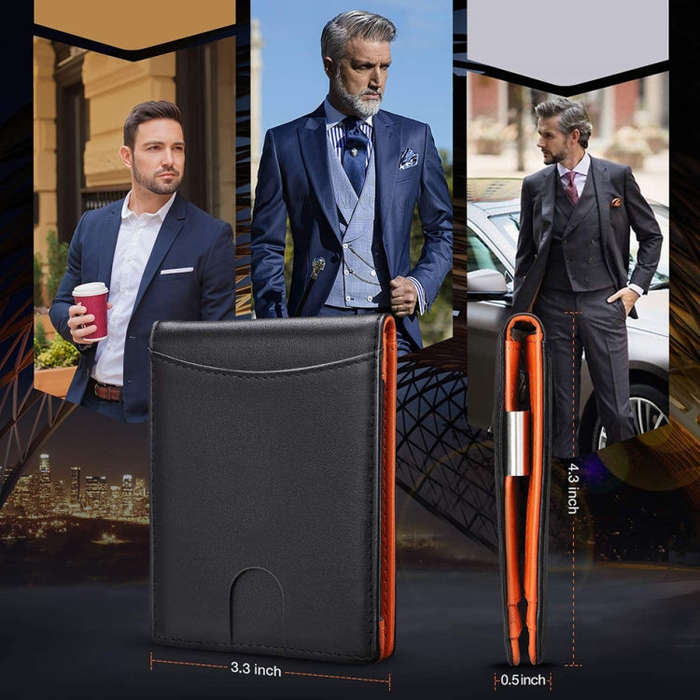 RFID Anti-Theft Brush Men Vintage Leather Wallet Card Case(Carbon Fiber+Orange Inside)