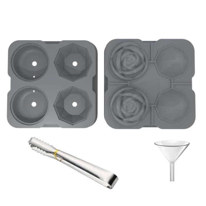 4-Holes Rose Diamond Shape Cocktail Ice Cube Molds Silicone Ice Ball Maker, Color: Gray with Ice ...