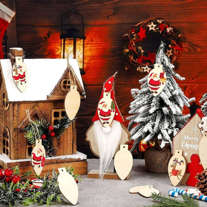 50pcs/set  Christmas Hanging Wood Chip Light Bulb DIY Blank Hanging Tag