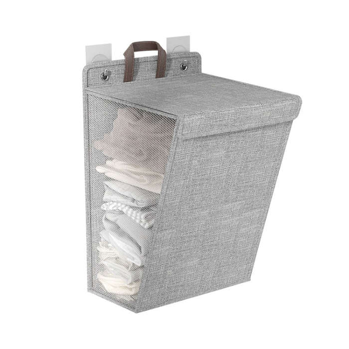 Foldable Hanging Laundry Basket Dirty Clothes Organizer with Lid, Color: Beige 56 x 39 x 13cm