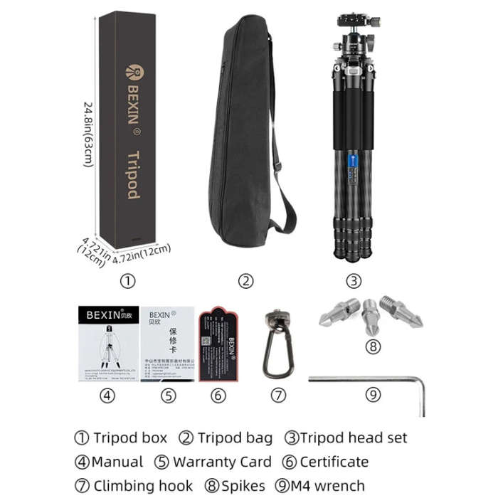 BEXIN RC254+LH-28 Carbon Fiber Portable Folding Tripod SLR Camera Low Gravity Center Gimbal Photo...