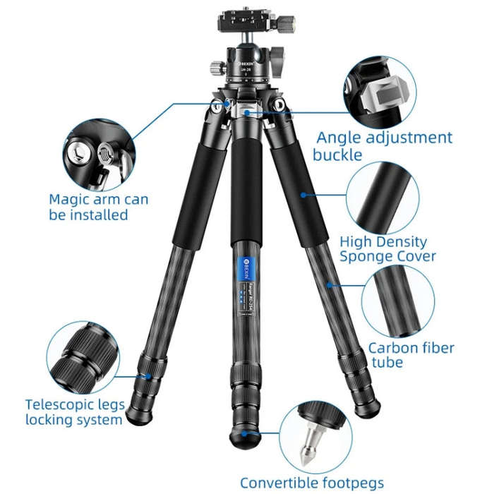 BEXIN RC254+LH-28 Carbon Fiber Portable Folding Tripod SLR Camera Low Gravity Center Gimbal Photo...