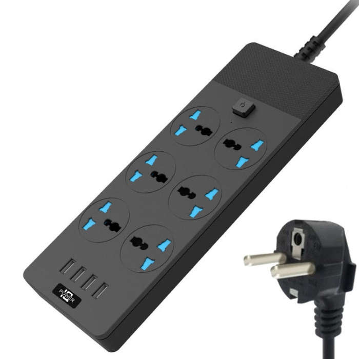 TB-T12 3000W 2m 4-USB Ports + 6-Jacks Multifunctional Flame-Retardant Socket With Switch(EU Plug)