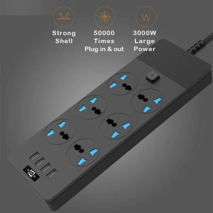 TB-T12 3000W 2m 4-USB Ports + 6-Jacks Multifunctional Flame-Retardant Socket With Switch(EU Plug)