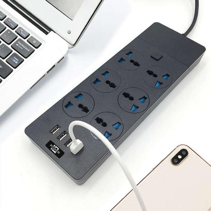 TB-T12 3000W 2m 4-USB Ports + 6-Jacks Multifunctional Flame-Retardant Socket With Switch(EU Plug)