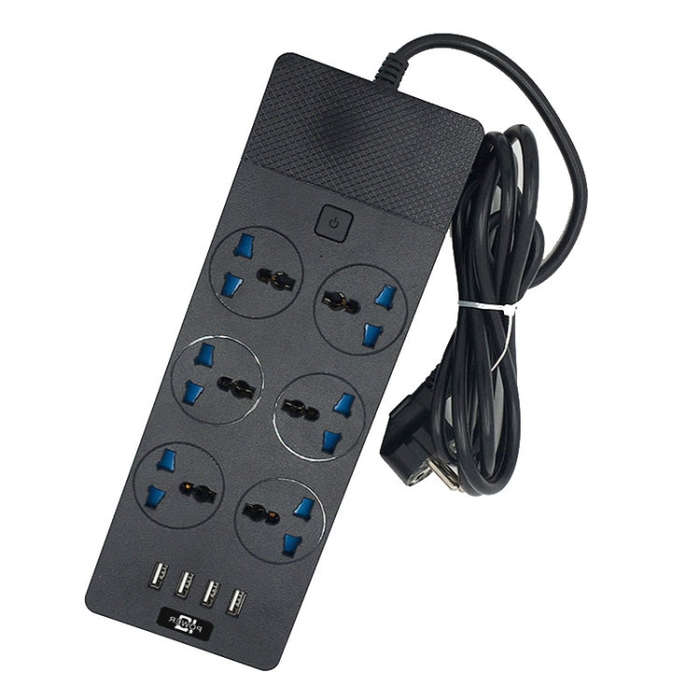 TB-T12 3000W 2m 4-USB Ports + 6-Jacks Multifunctional Flame-Retardant Socket With Switch(EU Plug)