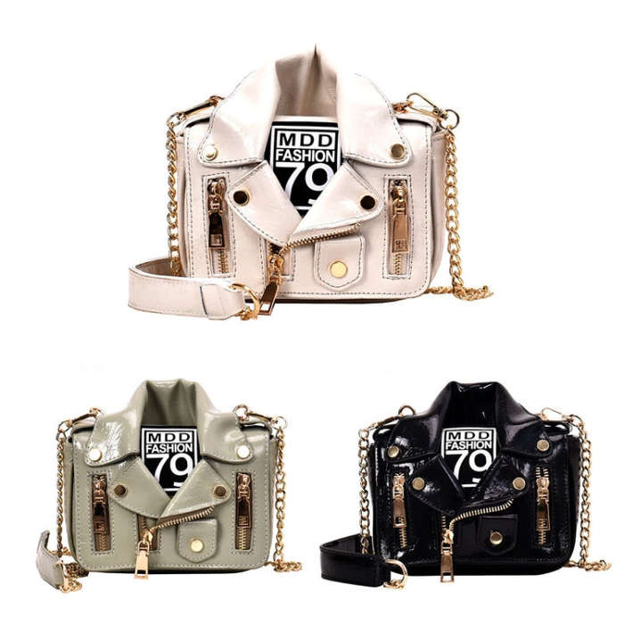 Women PU Leather Jacket Suit Chain Bag Single Shoulder Crossbody Bag(Black)