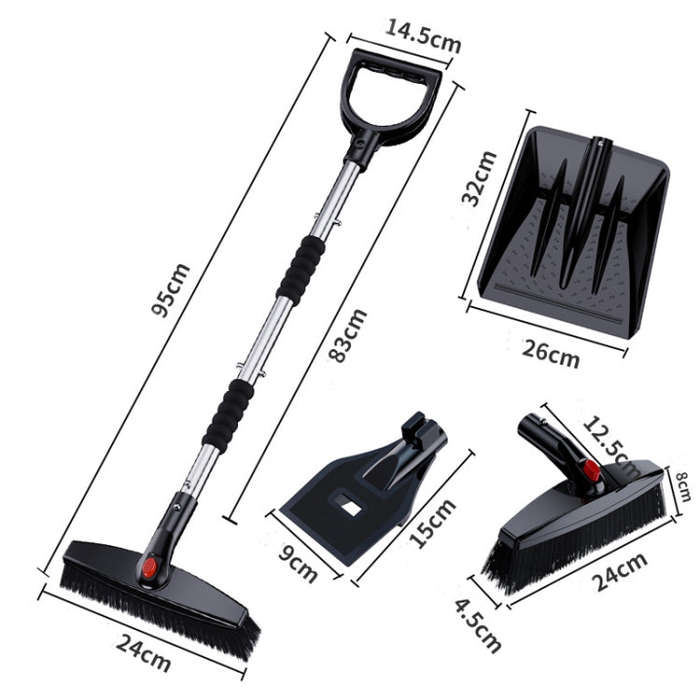 3-in-1 Car Snow Shovel Brush Kit Stainless Steel Retractable Ice Scraper(Black)