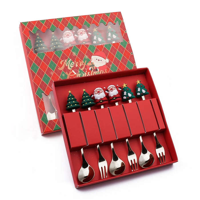 6pcs /Pack Christmas Cartoon Doll Stainless Steel Tableware, Style: A Silver Spoon Fork+Red Box