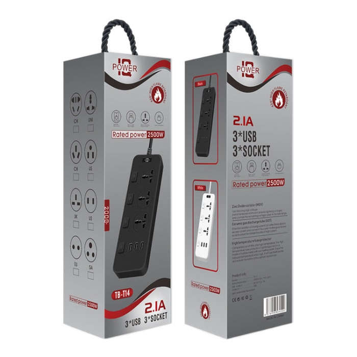 T14 2m 2500W 3 Plugs + 3-USB Ports Multifunctional Socket With Switch, Specification: US Plug (Wh...