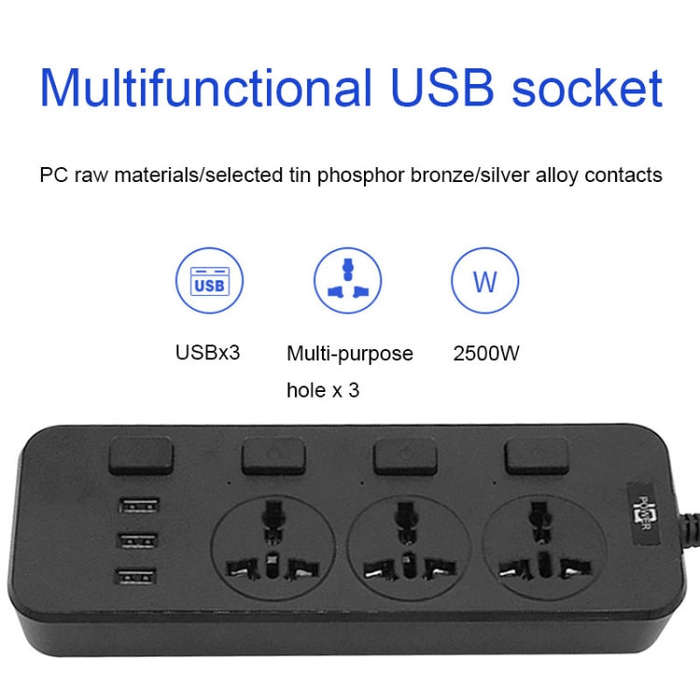 T14 2m 2500W 3 Plugs + 3-USB Ports Multifunctional Socket With Switch, Specification: US Plug (Wh...