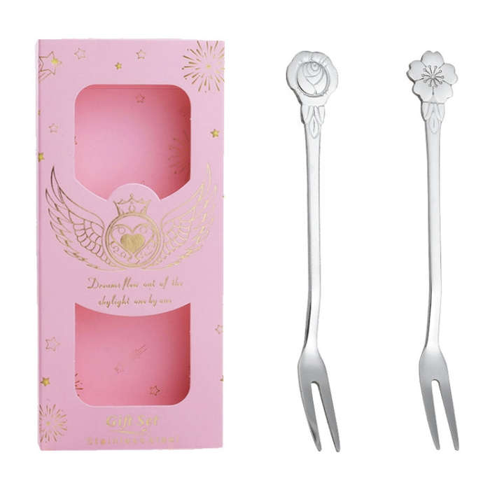 2pcs /Pack Stainless Steel Spoon And Fork Cutlery Set, Style: Flower Fork Pink Box (Silver)