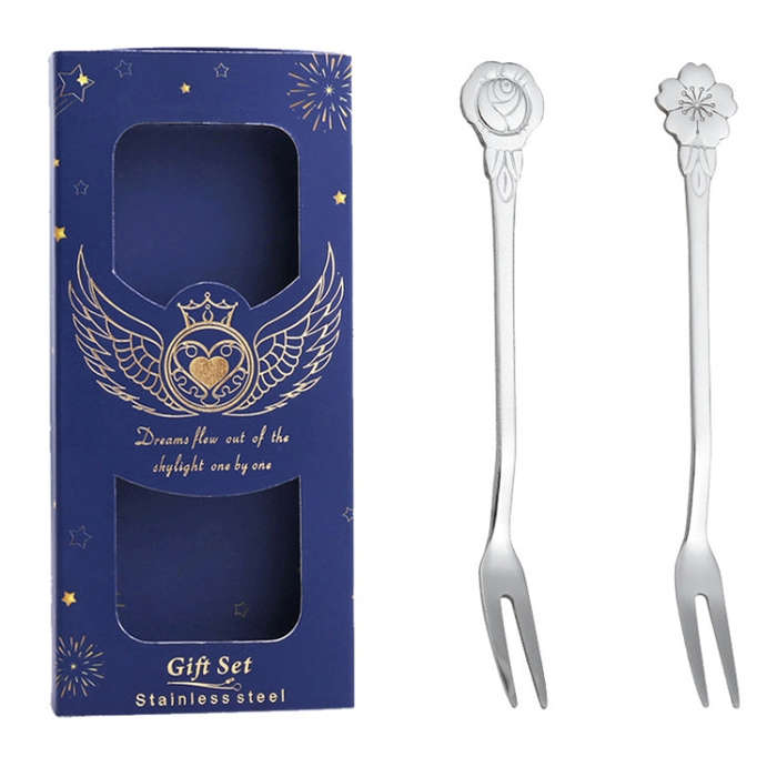 2pcs /Pack Stainless Steel Spoon And Fork Cutlery Set, Style: Flower Fork+Blue Box (Silver)