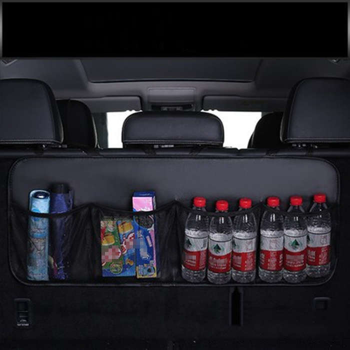 Car Trunk Leather Storage Bag Large Capacity Rear Seat Back Pouch, Style: Simple(Black)