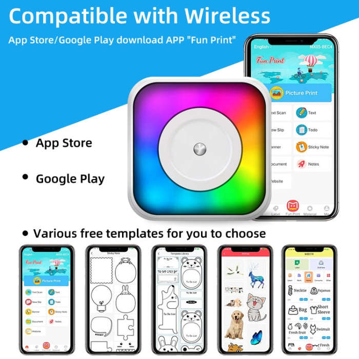 RGB Light Portable Mini Bluetooth Printer Inkless Document Label Printer with 5-Rolls Stickers