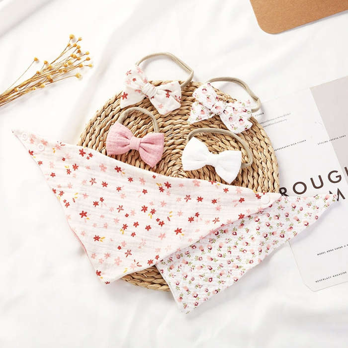 3 In 1 Baby Drooling Towel Cotton Printed Double Sided Triangle Towel Headband Set Waterproof Bib...