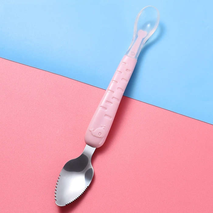Baby Fruit Double-Ended Scraping Spoon 304 Stainless Steel Silicone Soft Spoon, Color: Pink