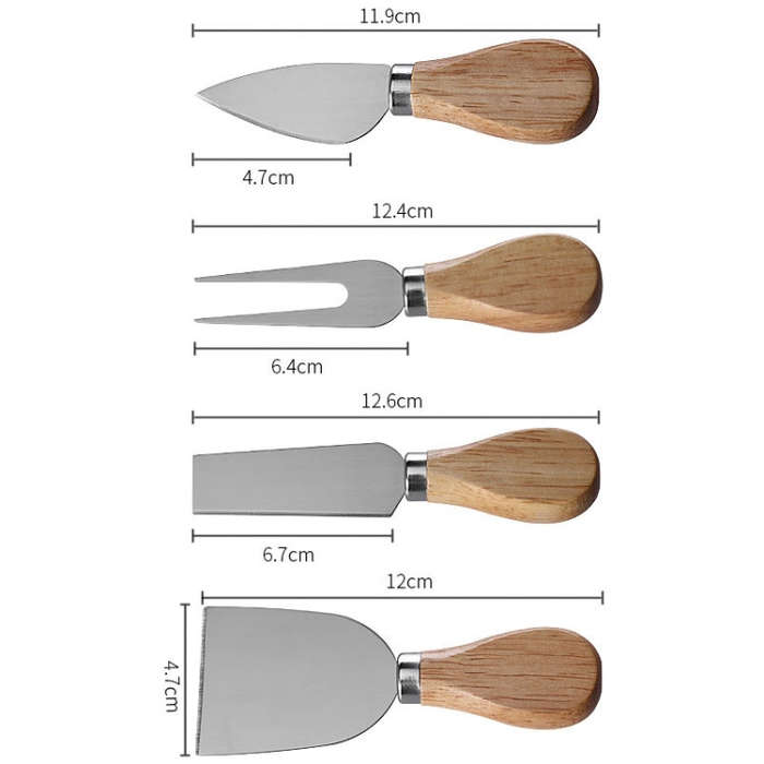 4pcs /Set Round Oak Box Cheese Knife Spatula Stainless Steel Cheese Tools Cutlery, Color: Black