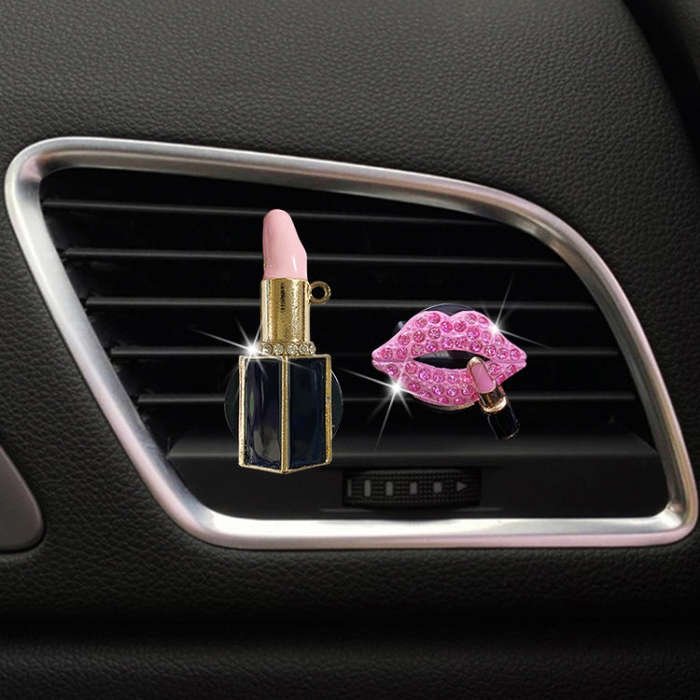 2pcs/Set Lipstick Diamond-Encrusted Car Air Vent Aroma Diffuser Clip(Pink)